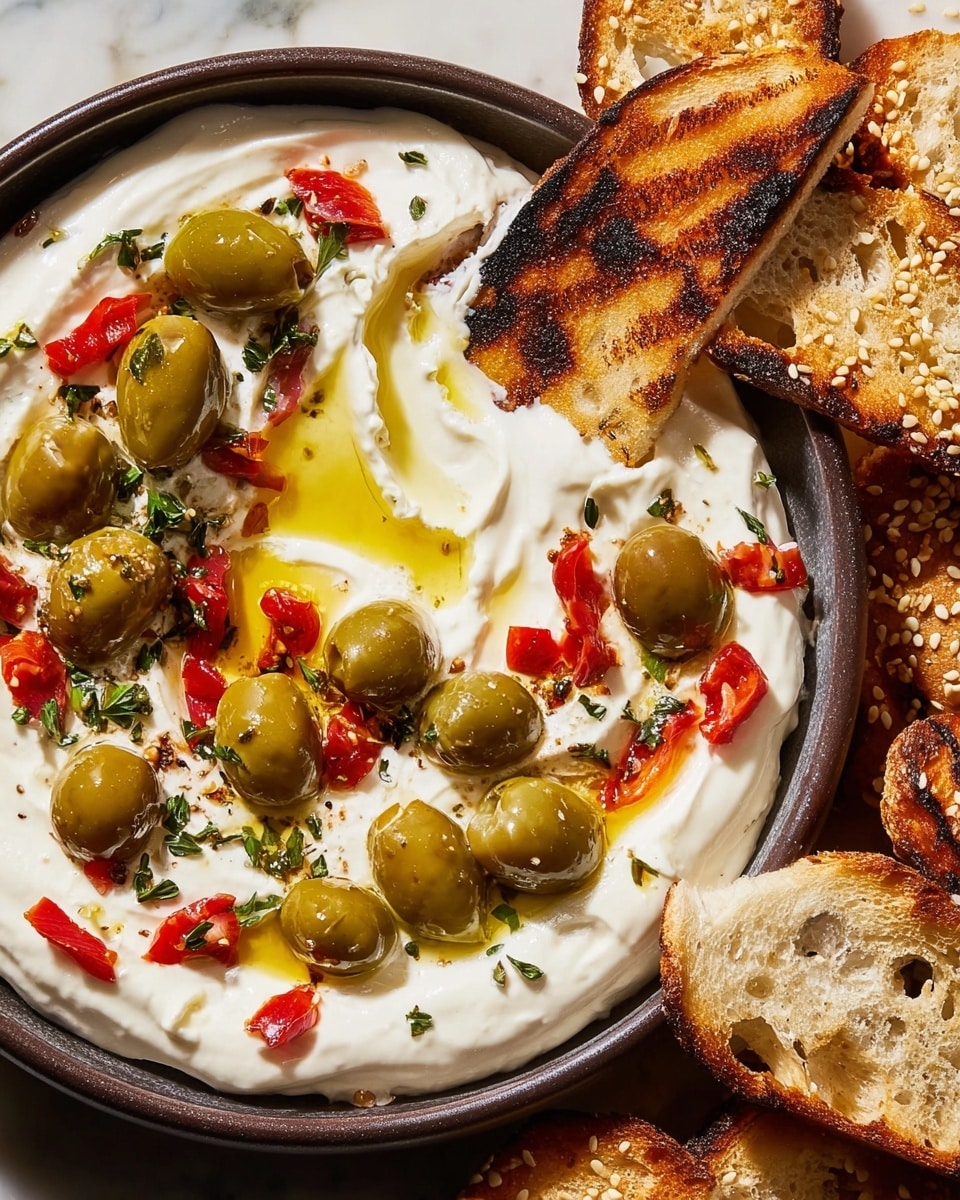 Whipped Ricotta with Olives, Roasted Red Peppers, and Infused Herb Oil Recipe - Recipe Image
